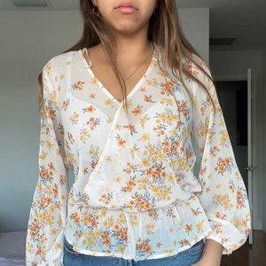 Yellow Floral V-Neck Blouse Top Size Small